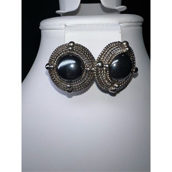 Vintage Silver Tone Rope Cabochon Chunky Stud Earrings - Picture 3 of 6